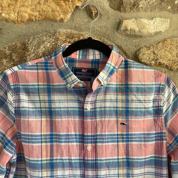 NWT Vineyard Vines Boys Large (16) Whale Shirt Smith Point Plaid in Washed Neon - Picture 3 of 11